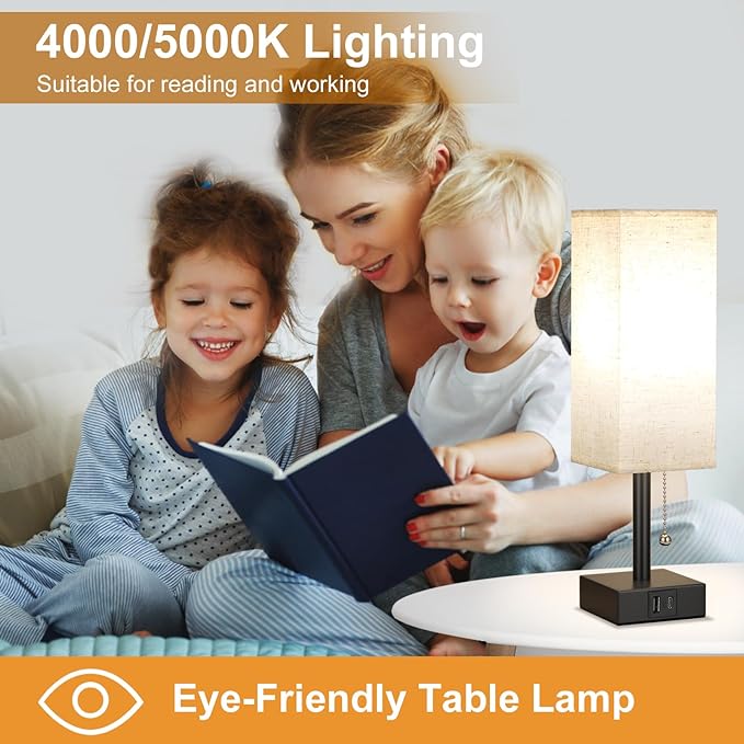 Small Bedside Table Lamp for Bedroom - Desk Lamp For Nightstand, USB C+A | Pull Chain Lamp, 3 Color Modes(3000K/4000K/5000K), E26 LED Bulb Included, Square Beige Fabric Lampshade, for Read, Work, Dorm - Image 4