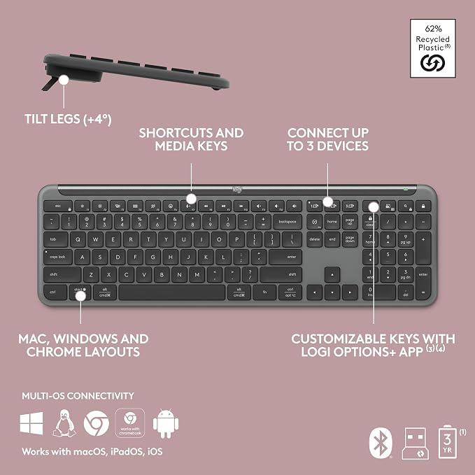 Logitech MK955 Signature Slim Wireless Keyboard Mouse Combo | For larger hands, quiet typing and clicking, switch across three devices, Bluetooth, Multi-OS, for Windows and Mac - Image 10