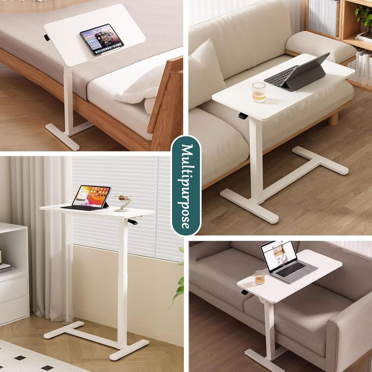 Mobile Standing Desk Adjustable Overbed Table, Pneumatic Height Adjustable Rolling Laptop Desk with Hidden Wheels, 0-180°Tilt Top Rolling Computer Cart Foldable for Home Office, Craft & Study, White - Image 7