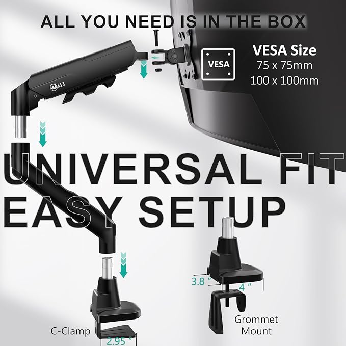 WALI Ultrawide Single Monitor Arm for 17-49 inch Curved Screen, up to 33lbs | Heavy Duty Monitor Desk Mount, Full Motion with Tilt, Swivel, Rotation, C-Clamp/Grommet Base, VESA 75/100mm (GSM001XLN),Black - Image 8