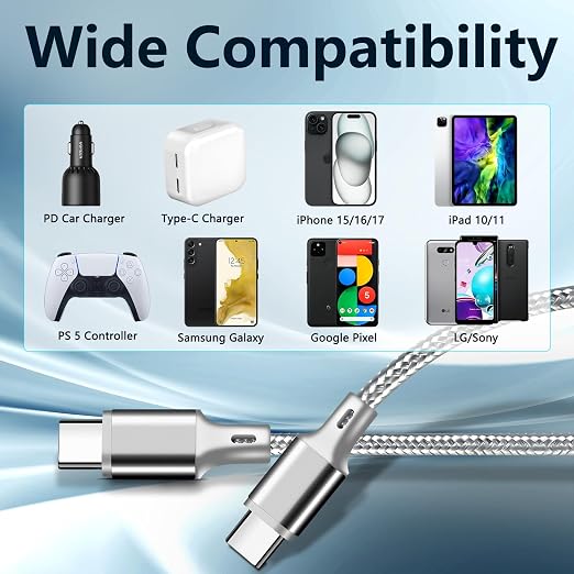 USB C to USB C Cable, 5 Pack Type C Fast Charger Cord (Gray) | 3/3/6/6/10ft Nylon Braided Data Transfer Wire for iPhone 17/16/15 Plus/Pro Max iPad Air Ps5 Controller Samsung Galaxy - Image 6