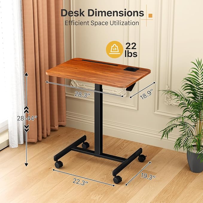 28 inch Small Mobile Standing Desk Height Adjustable with Wheels | Rolling Laptop Rising Cart with Cup Holder, Portable Computer Workstation with Hook and Slots on 4 Lockable Casters, Walnut - Image 6