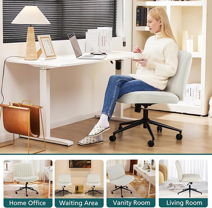 OLIXIS Criss Cross Chair with Wheels, Vanity Chair, Home Office Desk | Wide Seat Armless, Faux Leather, Height Adjustable Swivel Rolling, Home Computer Task Seating for Bedroom Study, Beige PU - Image 6