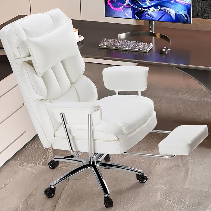Sweetcrispy Executive Home Office Chair, Ergonomic Desk Chair | Big Tall High Back, Lumbar Support, Reclining Height Adjustable, PU Leather, Computer Gaming, Footrest Swivel Wheels, White - Image 8