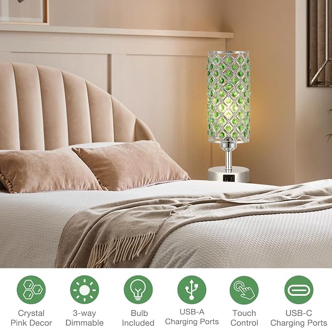 Crystal Table Lamp, 3 Way Dimmable Touch Lamps for Night Stands, Green | Green Crystal Bedside Lamp, Nightstand Lamp for Bedroom - Image 6