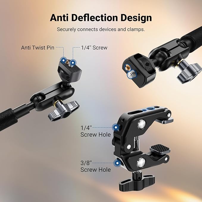 NEEWER 22" Magic Arm w Desk C Clamp, Overhead Camera Mount with Articulating Mic Boom Arm 1/4" 3/8" Threads for ARRI, Desktop Stand Holder for Phone Microphone Webcam Action Camera Video Light, UA057 - Image 5