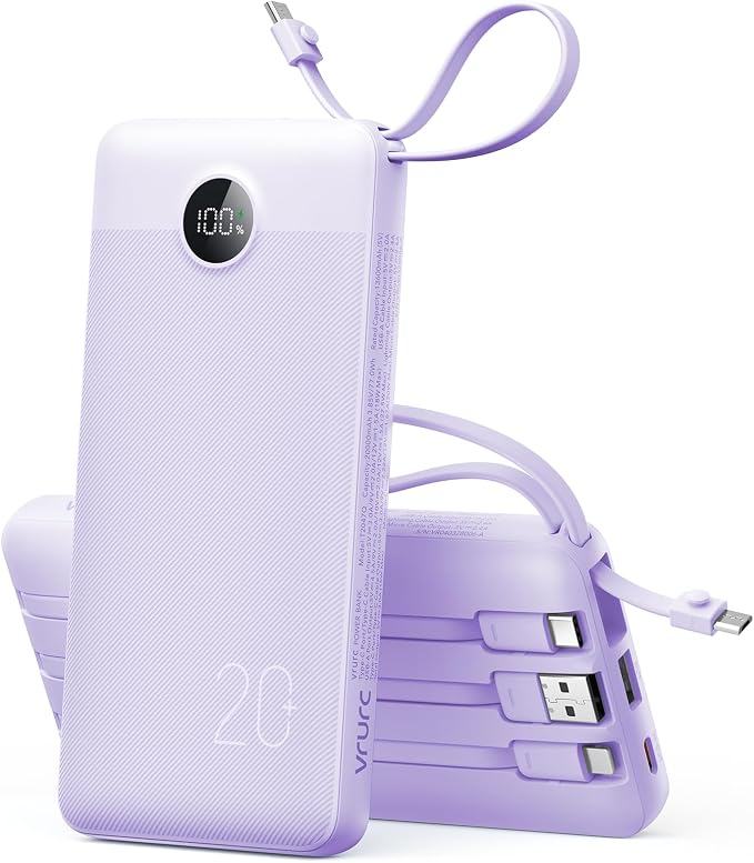 VRURC Portable Charger 4-Built-in-Cable Fast Charging 20000mAh Power Bank | Battery Protection,Flight-Approved,USB-C Cable,22.5W PD,Slim,Travel Essentials,Battery Pack for iPhone,iPad,Galaxy,Purple by Home
