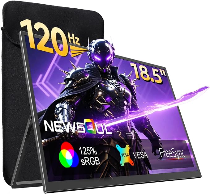 Portable Monitor 18.5'' 120Hz Gaming Monitor, 125%sRGB | 2000:1 | HDR| FreeSync Travel Monitor for Laptop Mac-Book PC, Built-in Stand & Speakers, VESA, USB HDMI Large Second Screen for Game Office by NEWSOUL