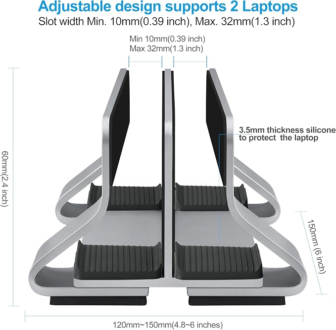 Aluminum Dual Vertical Laptop Stand Dock Holder, Supports 2 Devices, Adjustable Slot Width 15-36mm, Space-Saving Upright Storage for MacBook and Laptops - Image 4