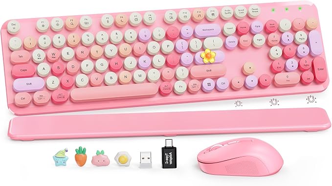 Wireless Keyboard and Mouse Combo, Retro Typewriter Style Keyboard with Round Keycaps, Magnetic Wrist Rest, Full-Size 2.4GHz Cordless for Mac, Windows PC, Laptop, SABLUTE CK23, Cotton Candy Pink by SABLUTE