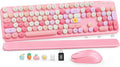 Wireless Keyboard and Mouse Combo, Cute Retro Typewriter Keyboard with Round Keycaps and Magnetic Wrist Rest, Full-Size 2.4GHz Cordless for Mac, Windows PC, Laptop, SABLUTE CK23, Pink Multi-Color | Full-Size Typewriter-Style Keyboard, Tilt Legs, 2.4GHz... by SABLUTE