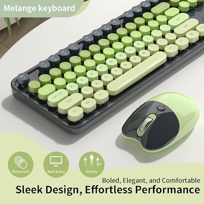 Wireless Keyboard and Mouse, MOFII 104 Round Keycaps Retro Typewriter with OTG & Brush, Full-Size Ergonomic, Ideal for Windows PC, Home, Office and College Gray Green - Image 3
