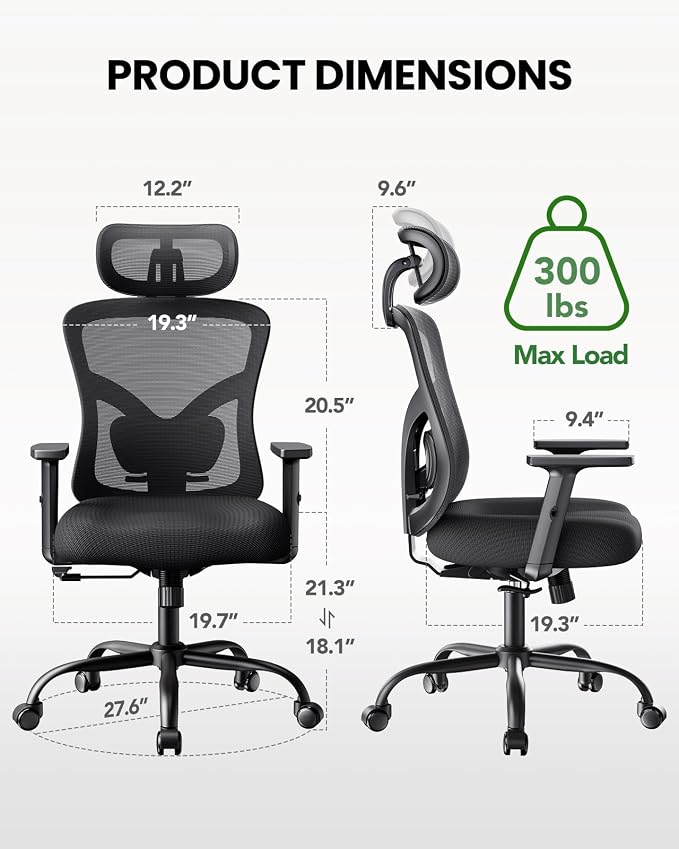 Marsail Ergonomic Office Chair with Lumbar Support and 2D Headrest | Adjustable armrests, contoured seat cushion, breathable design, smooth-rolling wheels, reclining function, height adjustment - Image 2