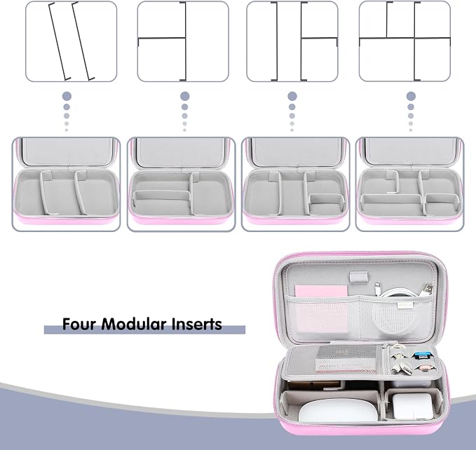 MOSISO Electronic Organizer Travel Case Compatible with MacBook Power Adapter, Compatible with Magic Mouse & Pencil, SD Card, USB Flash Disk with 4 Modular Insert & 2 Cable Tie & Snap Hook, Pink - Image 3