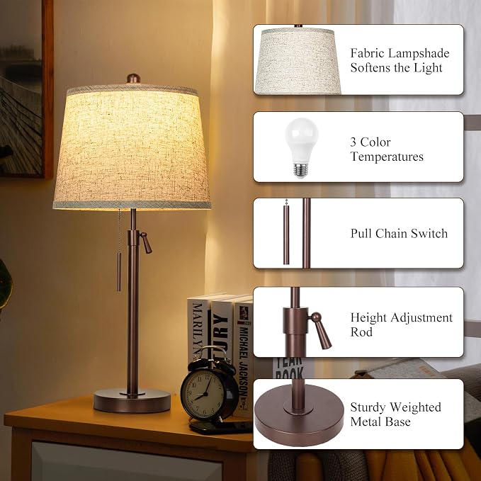 Table Lamps Set of 2, 22" to 30"Adjustable Height Bedside Lamps for Living Room 3 Color Temperatures Tall Nightstand Lamps Modern Brown Table Lamp for Bedroom Office End Table (Bulbs Included) - Image 4