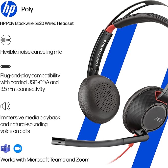 Poly Blackwire 5220 Wired Headset - Flexible Boom Mic - Noise Cancelling Headphones with Mic - USB-C, USB-A, 3.5mm - Ergonomic Over-Ear Design - Works with Microsoft Teams, Zoom - Work from Home - Image 2