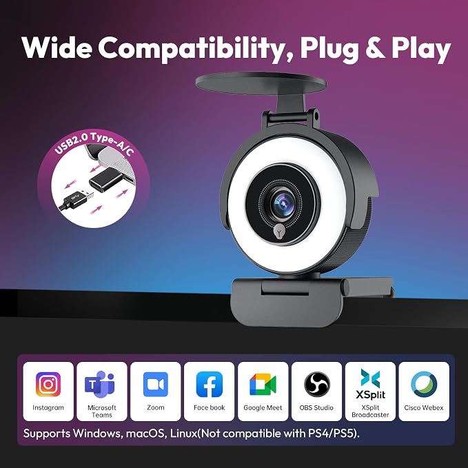 Angetube 4K Webcam with Ring Light, Computer Web Camera for Desktop, Laptop | 4K@30FPS, PDAF Autofocus, 1080P@60FPS, 2 Microphones, USB-A/C, Privacy Cover, Streaming Web Cam for PC Mac, Zoom Teams Twitch - Image 9