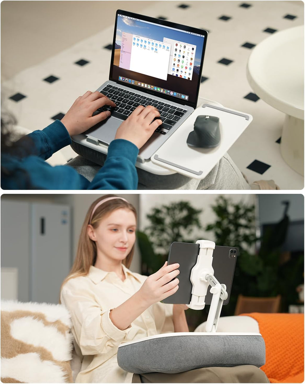Viozon Kindle Pillow Stand Holder, Phone Holder for Bed, Laptop Lap Desk with Mouse Pad,Compatible with 4.7-13" Kindle/Tablet/Phone,10-15" Laptop, Snack Bowl&Cup Attachment&Detachable 360°Stand Arm - Image 3