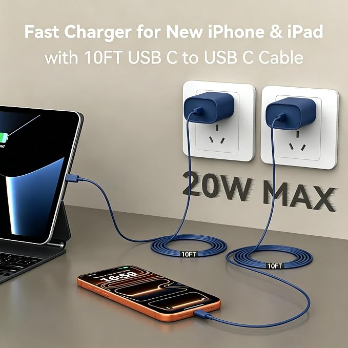 Phone 17 16 15 Charger Fast Charging, 10 FT Long USB C Charger Cord with 20W Type C Fast Phone Charging Block forPhone 17/17 Pro/17 Pro max/Air/Phone 16 15 Pro Max Plus, Android,Dark Blue - Image 3