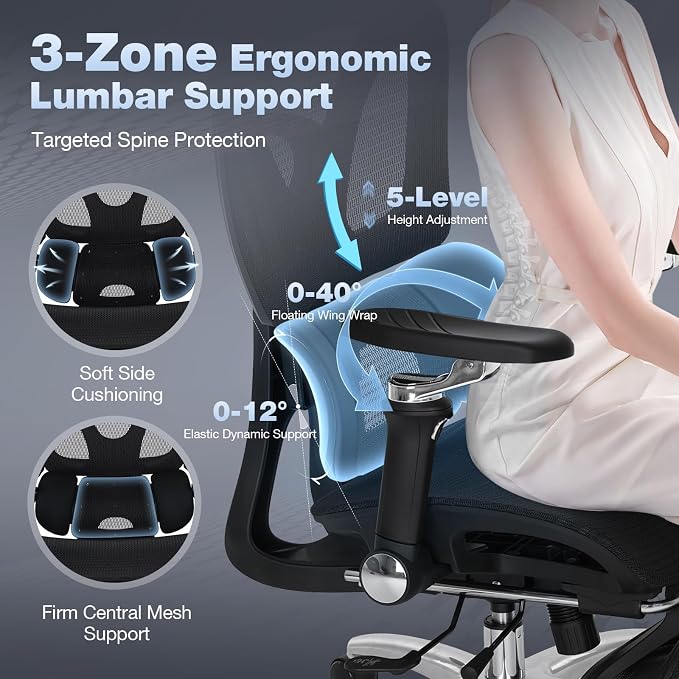 MALOL Ergonomic Office Chair, 400lbs High Back Mesh Desk Chair with 6D Armrests, 3D Headrest, Adjustable Lumbar Support, Seat Depth Adjustment, Tilt Lock, Metal Base & PU Wheels, Black - Image 9