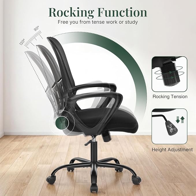 Home Office Desk Chair, Lumbar Support, Mesh Back Computer Chair | Height Adjustable, Mesh Mid-Back, Ergonomic Task Gaming Chair with 360° Swivel Wheels, Lumbar Support, Black - Image 5