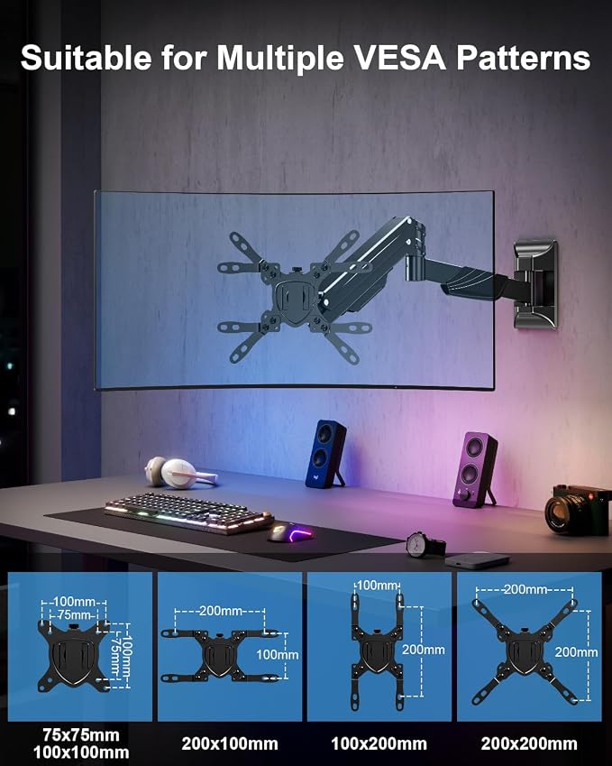 MOUNTUP Monitor Wall Mount for 22-43 Inch Curved Screens, Holds 2.2 to 33.1 lbs, Ultrawide Computer Monitor Wall Mount, Heavy Duty Wall Monitors Arm, 75x75 mm to 200x200 mm Vesa Mounts - Image 7
