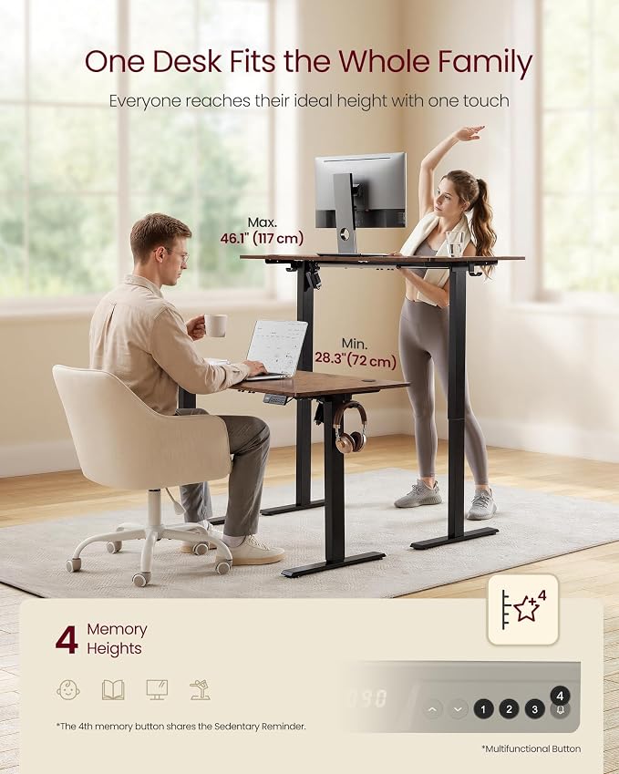 VASAGLE Electric Standing Desk, 47.2 x 23.6 Inches Height Adjustable Desk, Sedentary Reminder, 4 Memory Heights, for Home Office, Rustic Brown ULSD312KD020S - Image 4