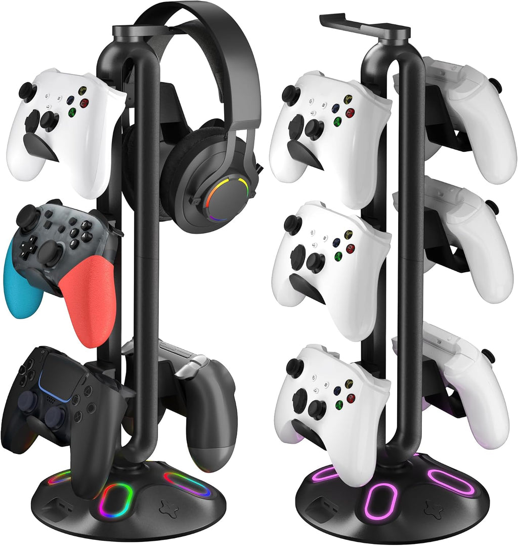 Gaming RGB Headphone Stand, Controller Holder with 9 Light Modes and 2 USB Charging Ports and 3.5mm & Type-C - Controller Stand Hanger Accessories for Desk and Gamer(Black) A by Canmarin