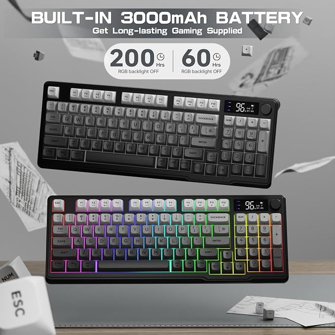 LexonElec M96 Wireless Keyboard, Low Profile Quiet Typing Membrane Gaming Keyboard with Smart Display & Knob, RGB Backlit, USB C Rechargeable, 94 Keys PBT Keycap for Windows PC,Mac,Linux-Moonlit Night - Image 6