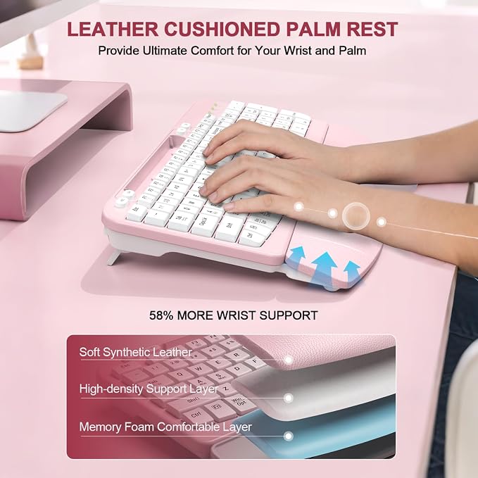 EAYBLLY 2.4G Wireless Ergonomic Keyboard, Full Size Wave Keys with Memory Foam Wrist Rest & 7.28in Phone Holder, USB-C Adapter Included for Windows Mac Chrome OS, Office or Home (Pink) - Image 3