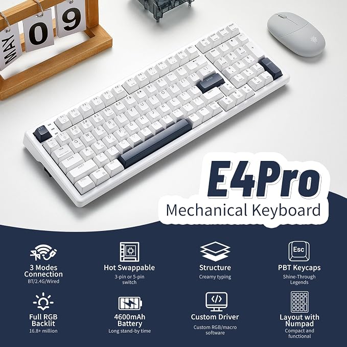 Wireless Mechanical Keyboard with Wrist Rest,Tri-Mode BT5.0/2.4GHz/USB-C Hot Swappable Custom Keyboard,Pre-lubed Clicky Switches,RGB Backlit Computer Gaming Keyboards for PC/Tablet/PS/Xbox(White) - Image 2