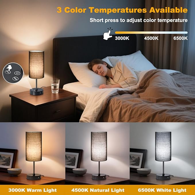 Table Lamp with 3 CCT (3000K/4500K/6500K), Stepless Dimmable Bedside Lamp with 7 Color Changing, Modern Nightstand Light with Black Shade for Bedroom, Kids Room, Home, Office - Image 4