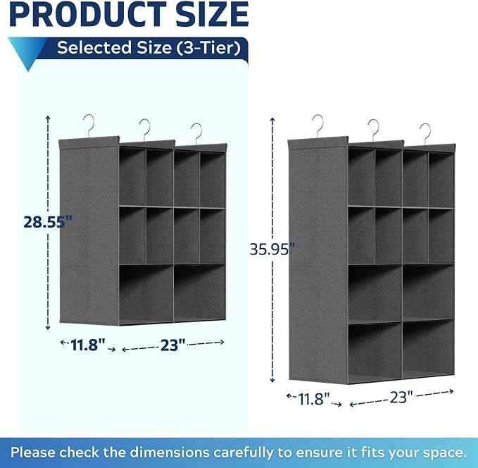 3 Tier Hanging Closet Organizer, 10 Compartments Dual Row Storage, Grey | Closet Organizers and Storage with Large & Small Pockets, 3 Sturdy Hooks Support Heavy Loads, for Dorm, RV, Garment Rack - Image 2