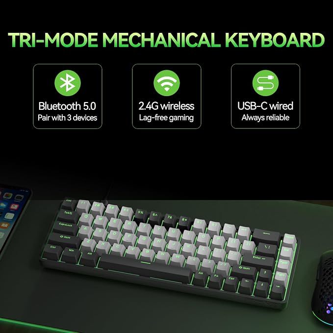 TMKB T68 60% Wireless Mechanical Gaming Keyboard, Tri-Mode BT5.0/2.4GHz/USB-C with Blue Switch, RGB Backlight, Anti-Ghosting, Compact 68 Keys, Wired/Wireless, Black/Gray - Image 2