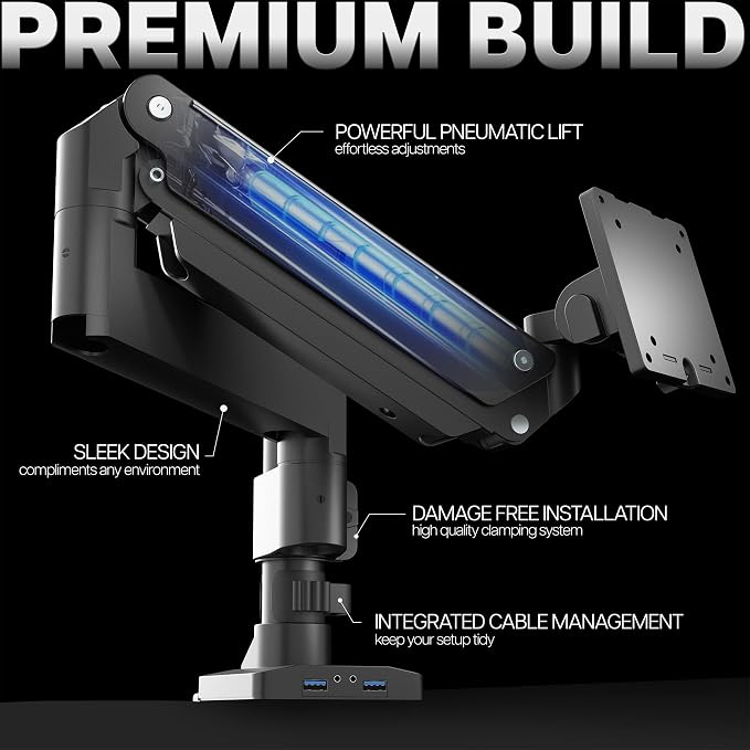 VIVO Premium Aluminum Tall Extended Monitor Arm for Ultrawide Monitors up to 49 inches and 33 lbs, USB Single Desk Mount Stand, Pneumatic Height Adjust, Max VESA 100x100, Black, STAND-V101GTU - Image 6