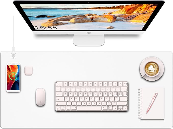 Desk Mat with Wireless Charging, White Mouse Pad with Wireless Charger, Desk Pad Matt for Desktop, Mousepad Gaming Large Mouse Pad, Leather Compute for Keyboard and Mouse, 32" x 16" - Image 9