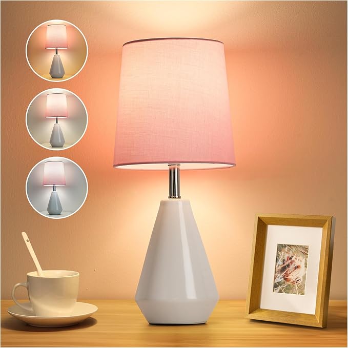 Small Bedside Table Lamp for Bedroom - Reading Desk Lamp with 3 Color Temperatures，15.5" Nightstand Ceramic Lamp with Fabric Shade for Kids Room,Living Room,Dorm,Home Office (White+Pink - Image 9