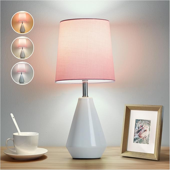 Small Bedside Table Lamp for Bedroom - Reading Desk Lamp with 3 Color Temperatures，15.5" Nightstand Ceramic Lamp with Fabric Shade for Kids Room,Living Room,Dorm,Home Office (White+Pink by Illuminatingyoumeandhim