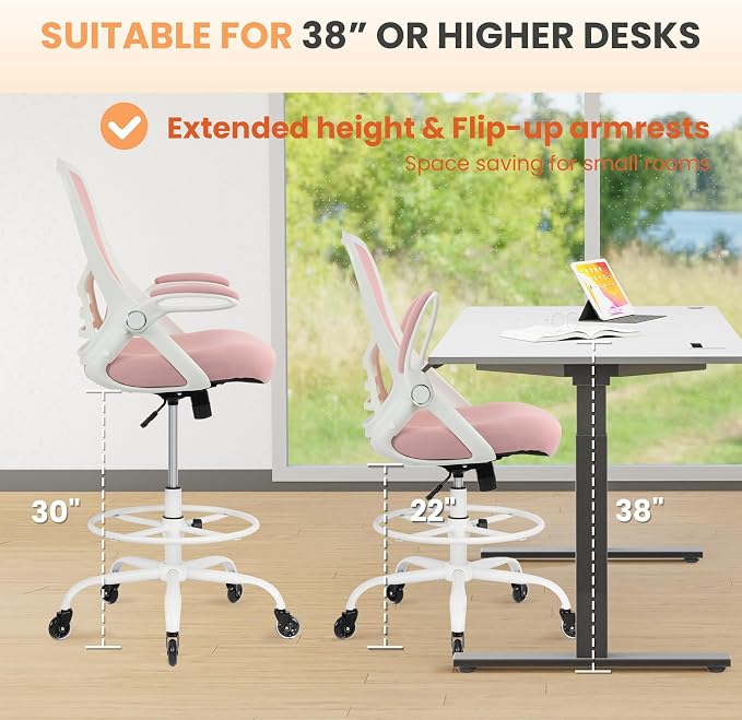 Drafting Chair Tall Office, Ergonomic Standing Desk Stool Adjustable Big and Tall Drafting Office Chair with Flip-Up Armrests, Mesh, Pink - Image 6