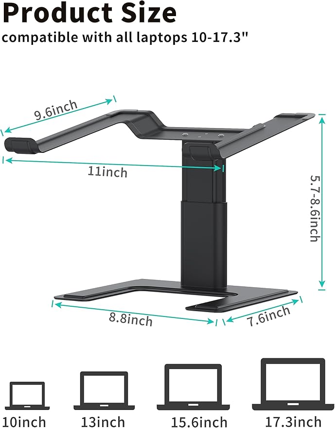 ALASHI Laptop Stand for Desk, Computer Stand Adjustable Height, Ergonomic Notebook Laptop Riser, Aluminum Metal Holder Compatible with 10 to 17.3 Inches Notebook PC Computer, Black - Image 2
