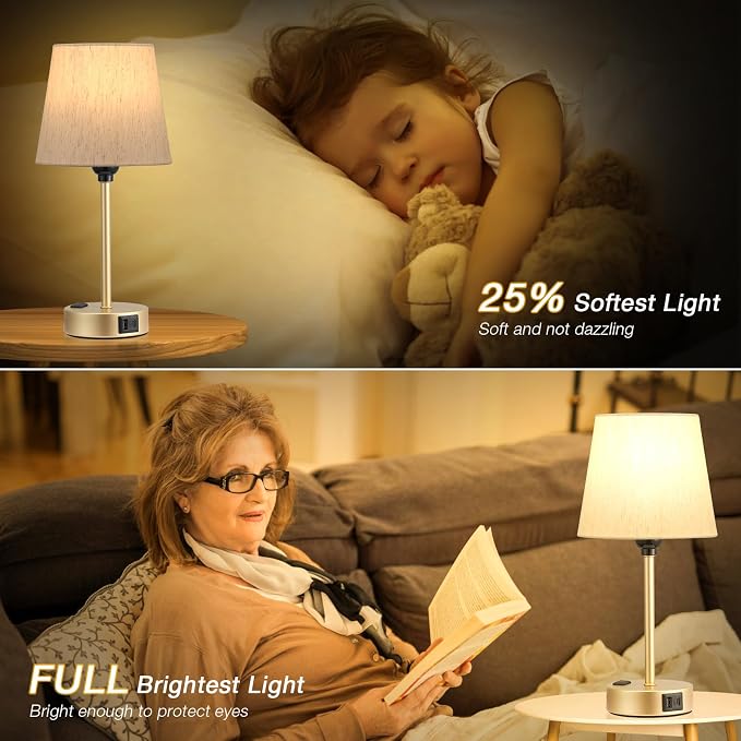 Gold Bedside Lamps Set 2 for Bedroom - Dimmable Touch, USB C+A, AC Outlet | 14.5" Mini Lamp, 3-Way Dimmable, LED Bulbs Included, Cream Barrel Fabric Lampshade, Nightstand Light for Guest Room, Kids - Image 7