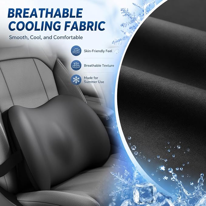 Cooling Lumbar Support Pillow for Car, Memory Foam Car Back Cushion | Cool-Touch Car Seat Back Pillow for Driving, Adjustable Strap, Cool-Touch Ergonomic Lower Back Support Pillow, Office Chairs - Image 3