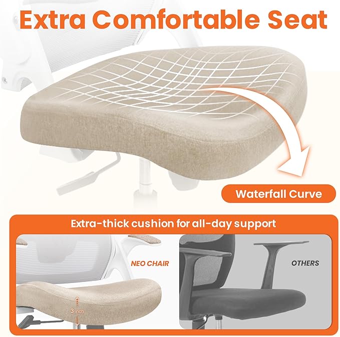 NEO CHAIR Office Desk Chair High Back Mesh Chair Adjustable Lumbar, Beige | Ergonomic High-Back Design with Breathable Mesh, Flip-Up Armrests, Comfortable Support for Home office or Computer Work - Image 4