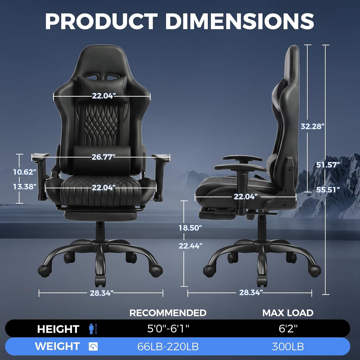 Gaming Chair with Footrest, 90°-155° Reclining Ergonomic Computer Chair with 3D Armrests, Headrest and Lumbar Pillow, 360° Swivel, SGS-Tested Gas Lift, 330 lbs Capacity, Black - Image 2
