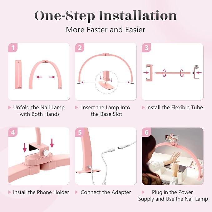 Yokilly Half Moon Light for Nail Desk: 29" Foldable Nail Light for Desk | Arch Nail Tech Light with Phone Holder for Beginner - 3 Color Modes & 10 Brightness for Manicure Salon-Pink - Image 5
