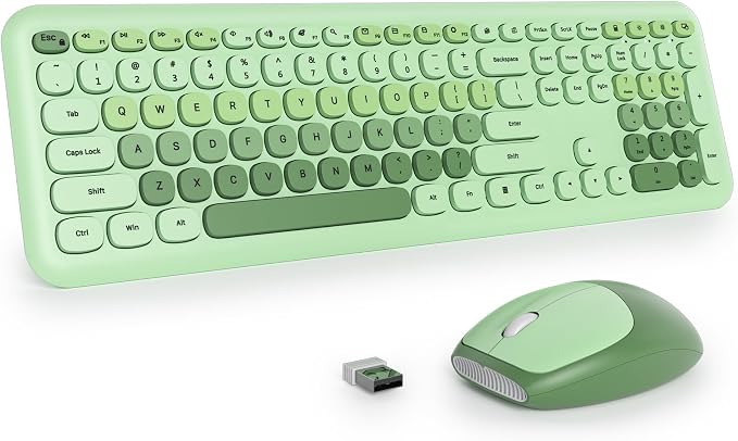 surmen Cute Green Keyboard and Mouse Wireless, Full-Size Retro Typewriter Wireless Silent Colorful Keyboard Low-Noise 2.4GHz for Home and Office（Light Green） by SURMEN