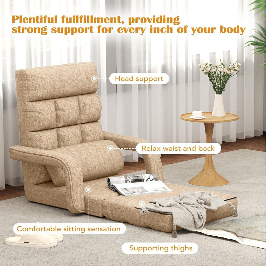 Floor Gaming Chair, 6 Position Adjustable Indoor Chaise Lounge Chair for Teens Adults, Padded Folding Meditation Sofa with Armrests and Pillow, Comfy Chair for Teens, Adults, Pets - Light Camel - Image 4