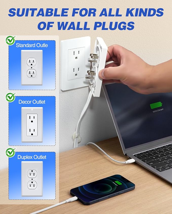 Saker Dual 10ft Flat Extension Cord Outlet Cover, 3 Outlets, White | Dual 10ft Flat Extension Cords, Universal Outlet Concealer Design, Low-Profile Flat Plug, Baby Proof Cable Management - Image 4
