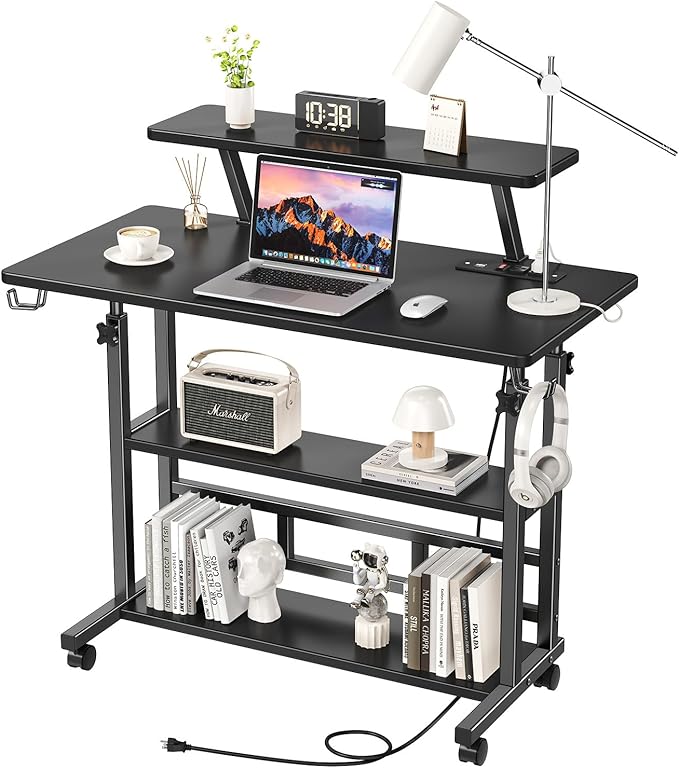 Adjustable Height Standing Desk with Power Outlets, Rolling Stand Up Desk with Monitor Stand and Storage Shelves, 31.5" Small Mobile Computer Desk, Portable Laptop Table (Black with Monitor Stand) by BYMECOST