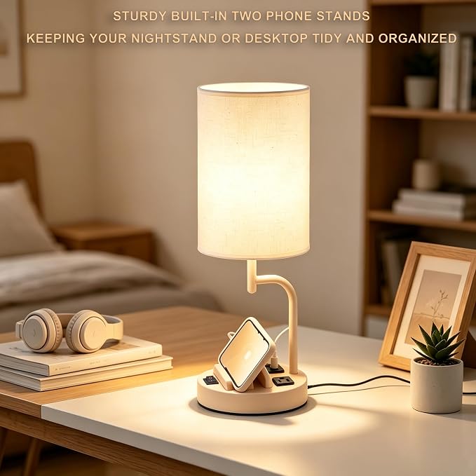 Dreamholder 2 Pack Table Lamp, Bedside Lamp with 3 USB Charging Ports & AC Outlet, USB Desk Lamp with 2 Phone Holders, Linen Fabric Shade Nightstand Lamps for Bedroom Living Room Office, Beige - Image 5
